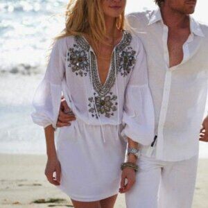 Michael Kors Embelished Metalic Sequin & Beads Beach Cover-up Dress - White - S
